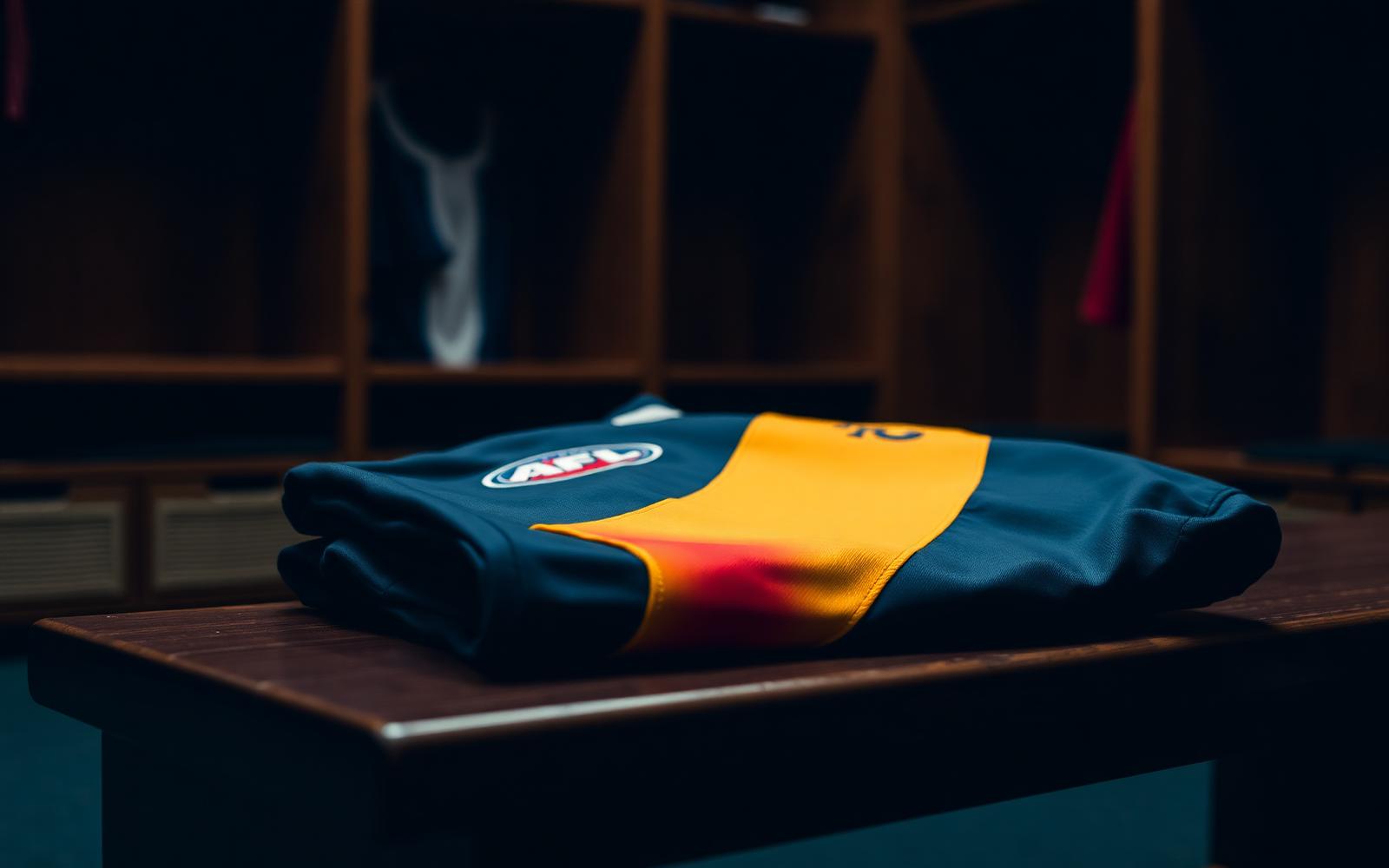 Custom AFL guernsey folded on a club bench