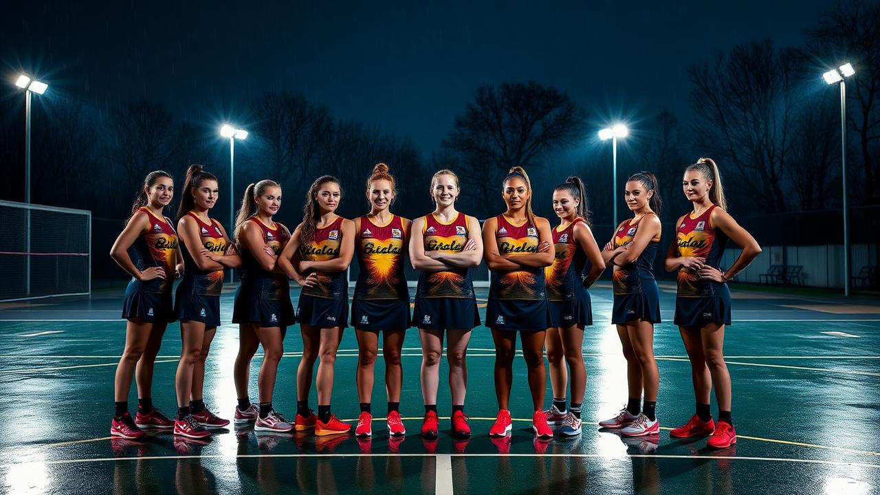 Australian netball team in matching custom dresses on a wet winter court
