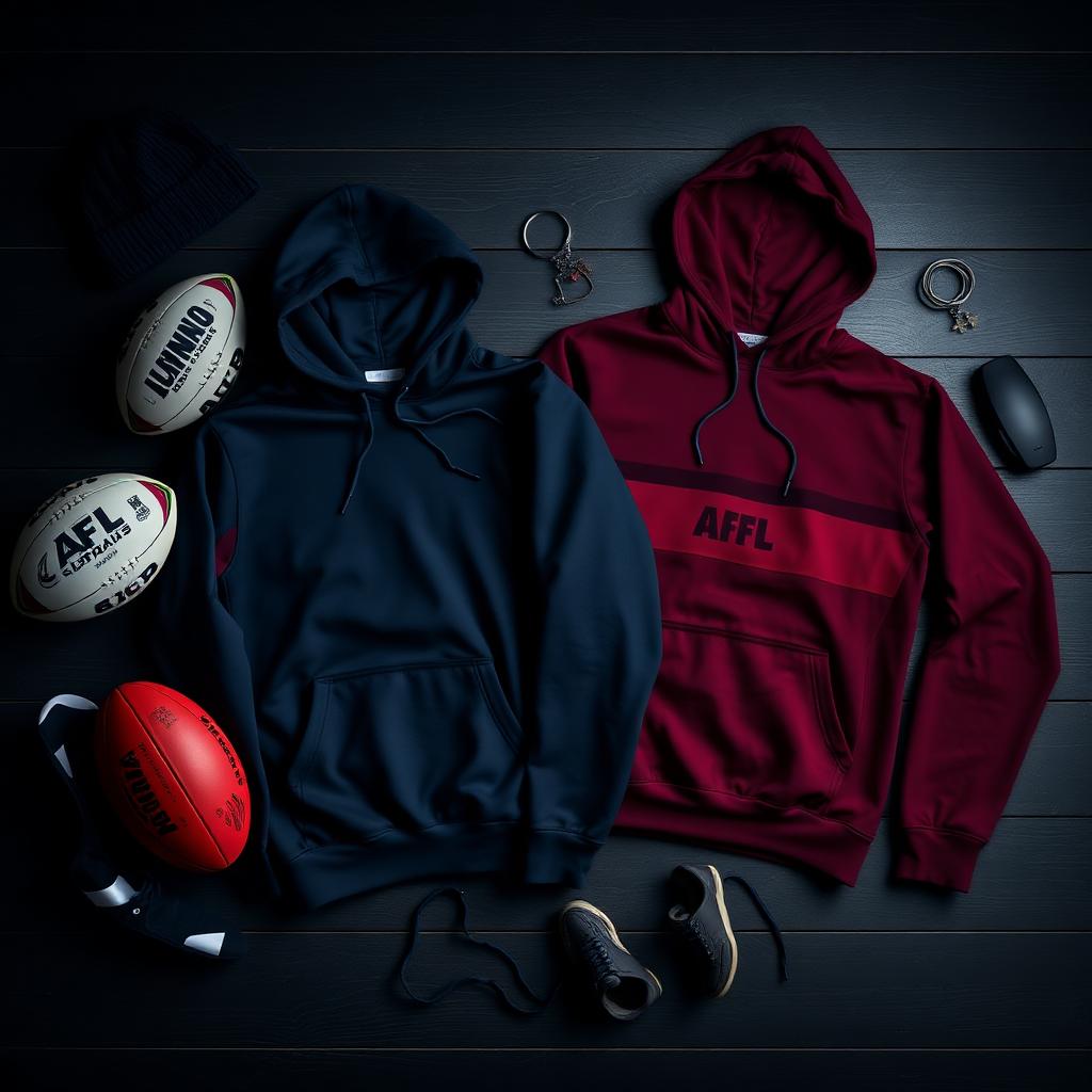 Custom AFL hoodies in club colours laid flat with footballs and gear