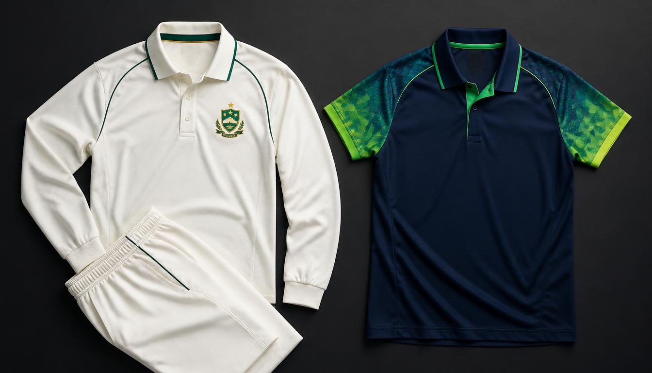 Custom traditional white cricket uniform and modern navy T20 cricket polo shirt on a dark background