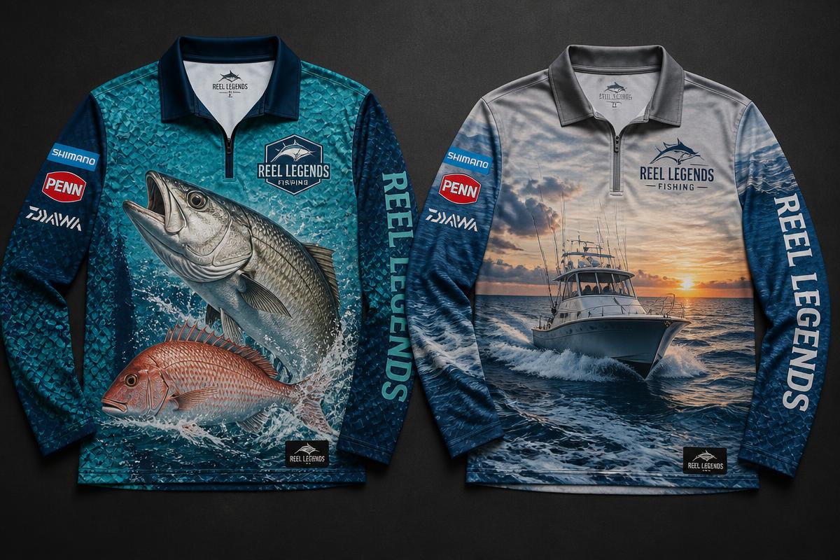 Two custom long-sleeve fishing shirts with all-over sublimated designs — leaping fish artwork on one and a fishing boat at sunrise on the other