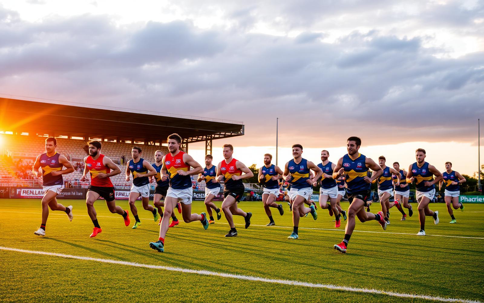 Australian footy team running out in custom footy jumpers