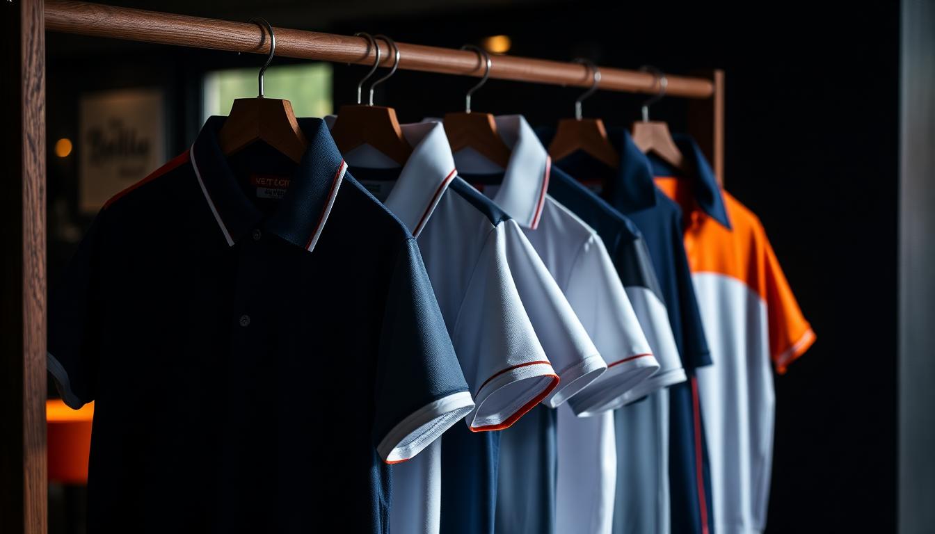 Custom lawn bowls polos in navy, white and orange hanging on a rack