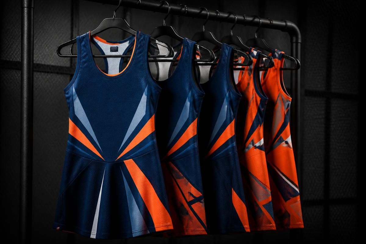 Custom netball dresses in navy and orange hanging on a rack