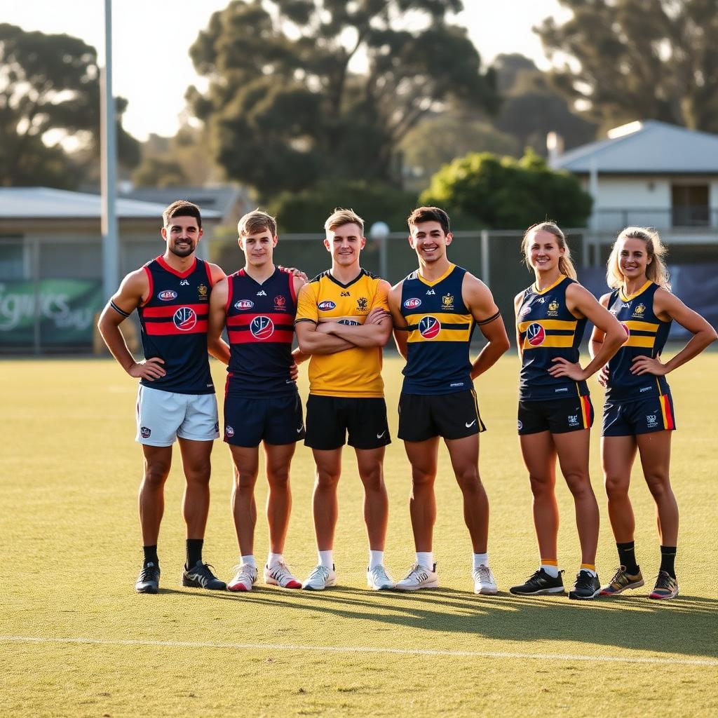 Athletes from AFL, rugby, football and netball in matching custom club jerseys