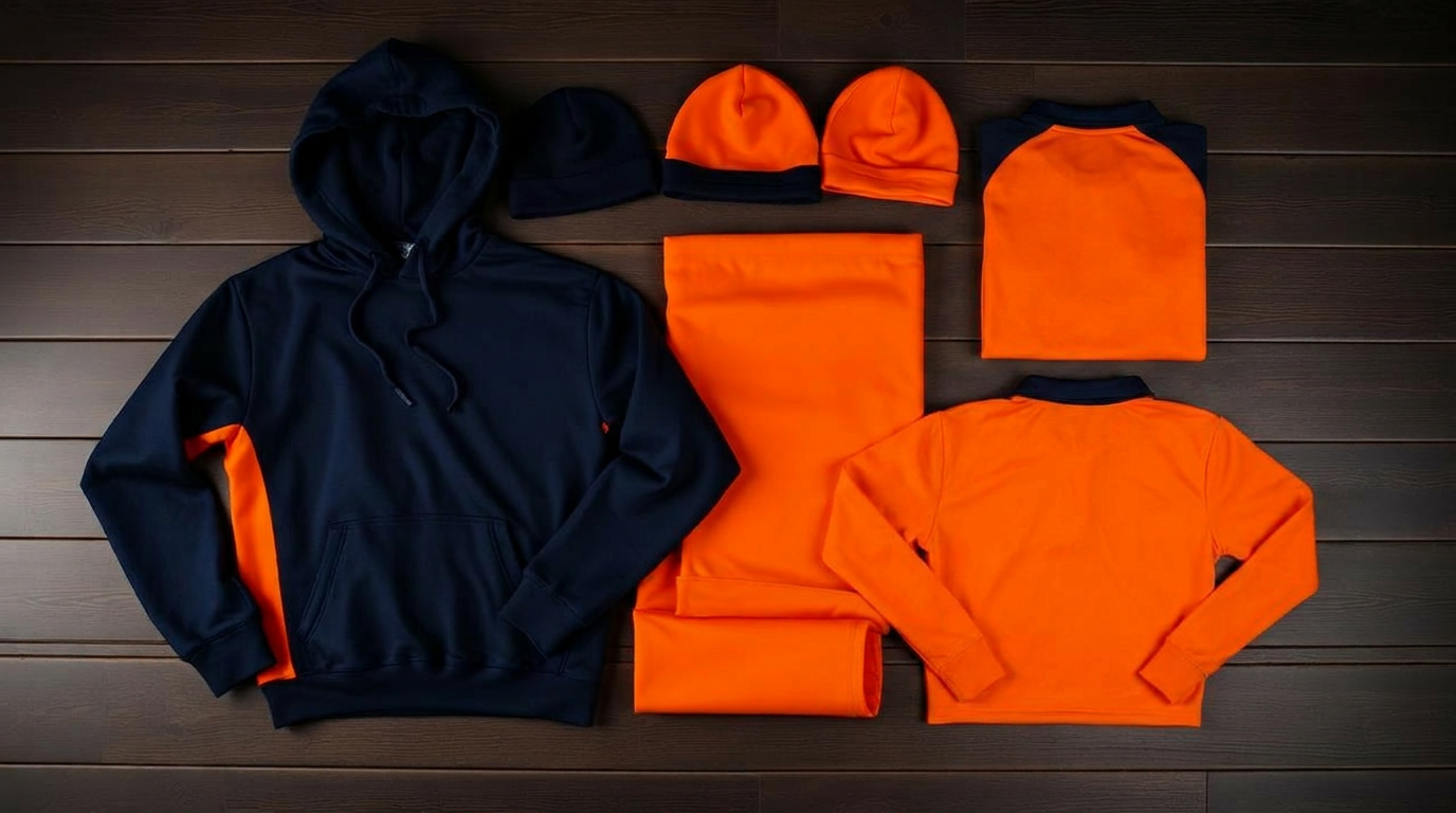 Flat lay of custom club hoodies, beanies and training tops in navy and orange