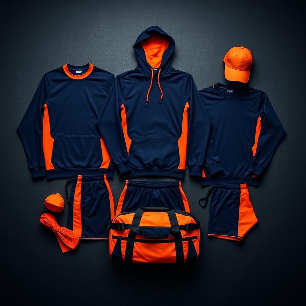 Matching custom team apparel set in navy and orange laid flat