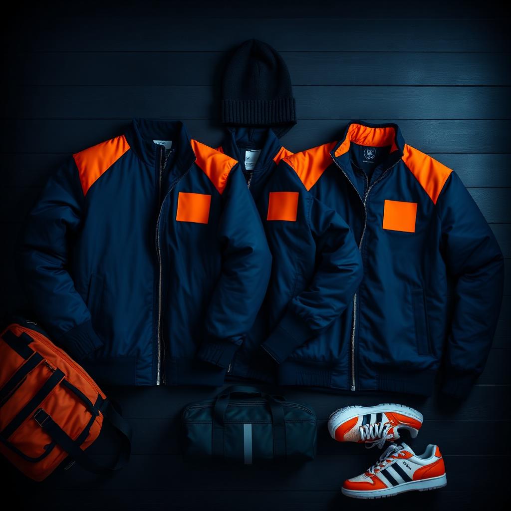 Flat lay of custom navy and orange team jackets with a beanie, gym bag and boots for an Aussie away trip