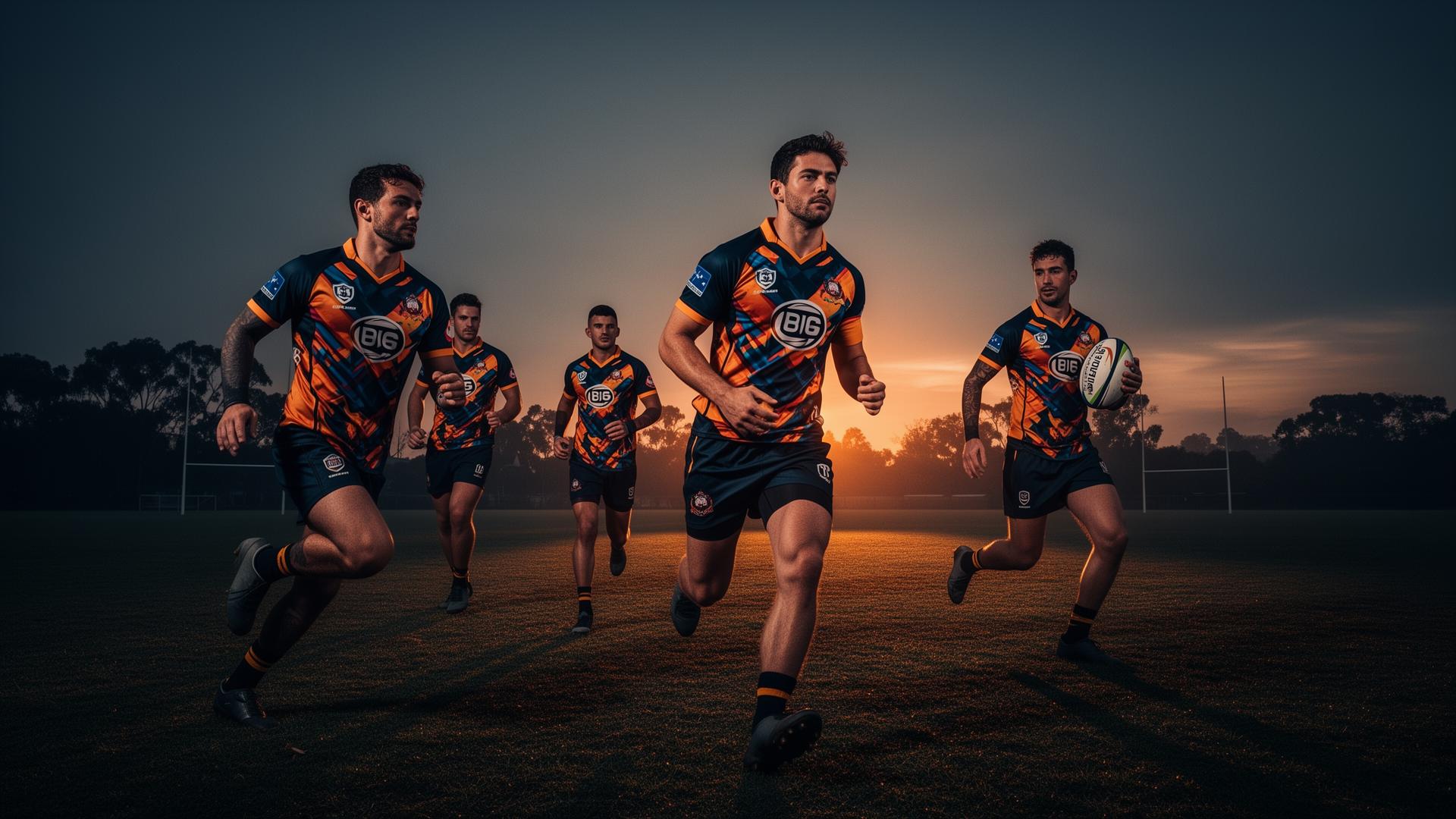 Australian club players in custom teamwear at sunrise on the oval