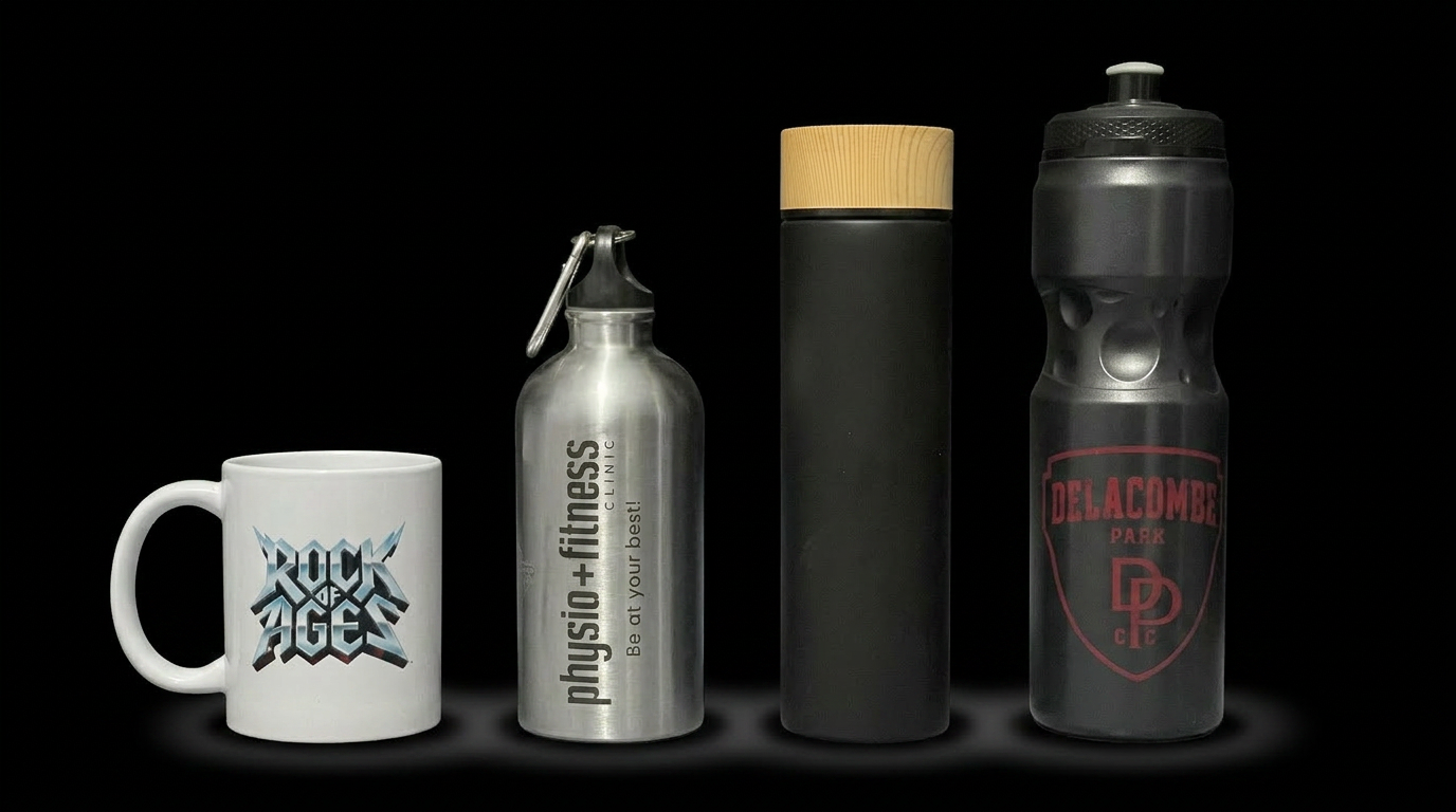 Custom branded drinkware - mugs, bottles and sports squeeze bottles