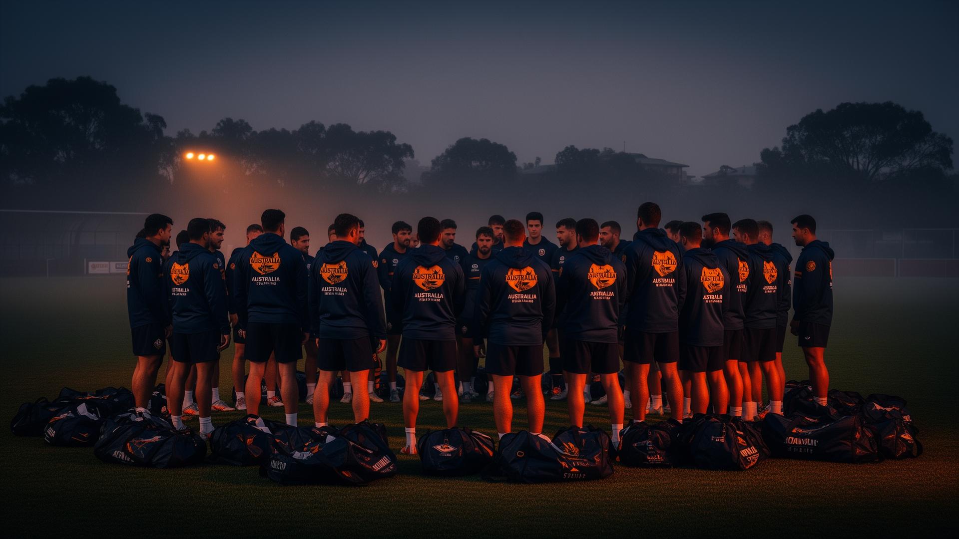 Australian sports club huddle at a misty pre-season training camp in matching custom hoodies