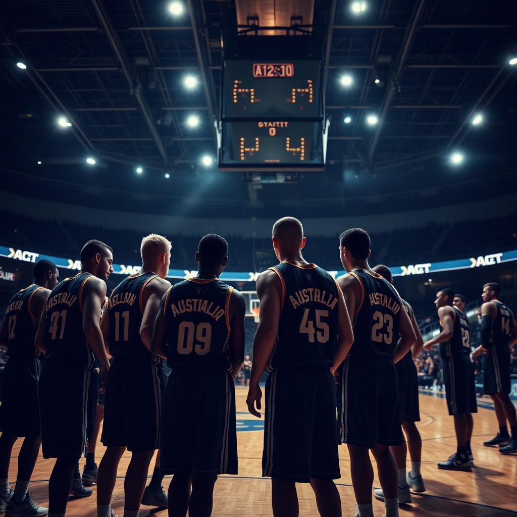 Australian basketball team in custom jerseys at a winter indoor stadium