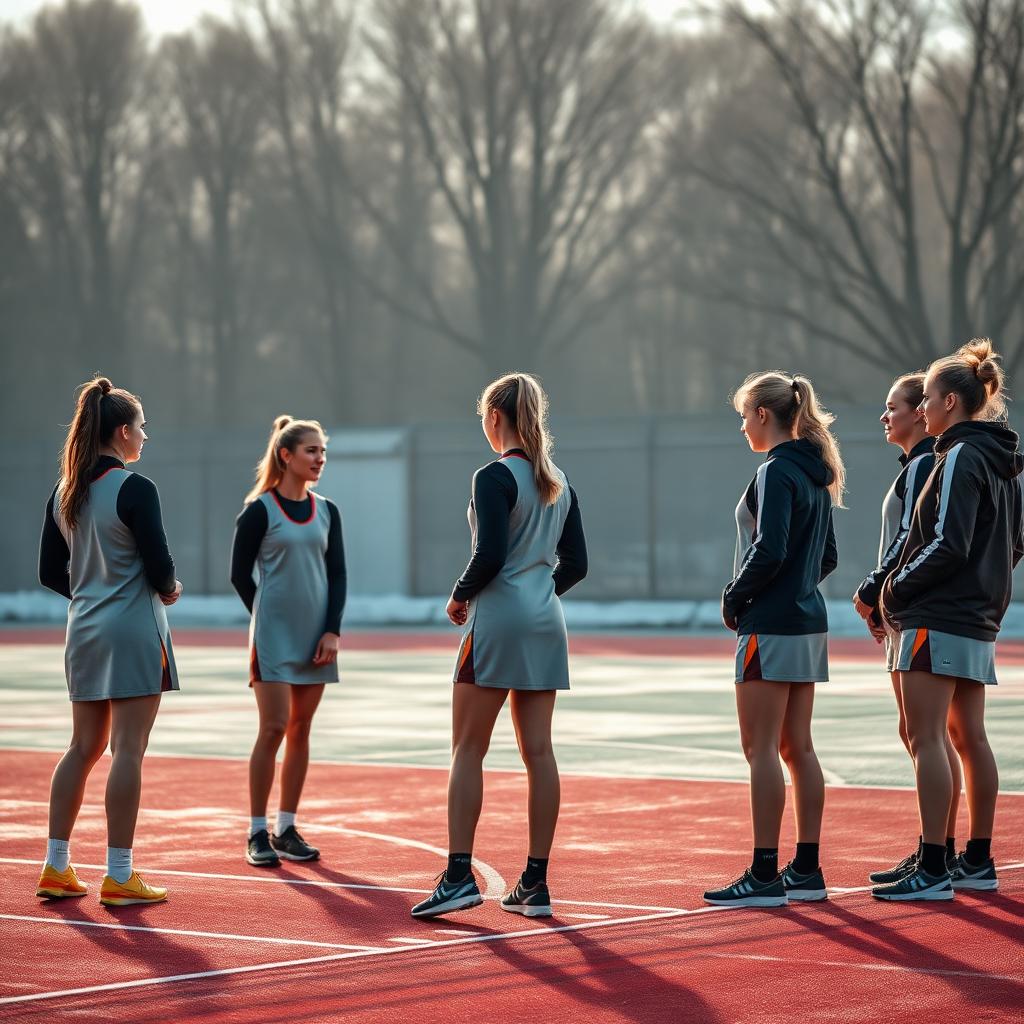 Australian netball team layered with base layers and jackets on a frosty winter court